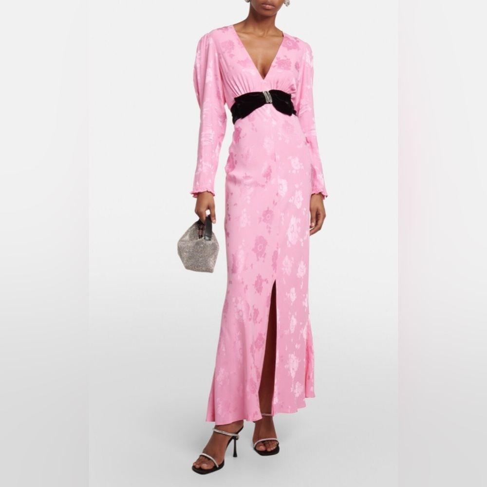 NWT Rixo Bambi Pink Floral Embellished Maxi Dress Black Velvet Waist Large NoBow - Picture 2 of 11